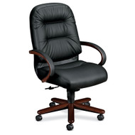 HON Pillow-Soft Executive High-Back Chair Center-Tilt Fixed Arms Mahogany Wood Trim Black Leather - H2191.N.SR11