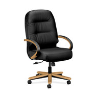 HON Pillow-Soft Executive High-Back Chair Center-Tilt Fixed Arms Harvest Wood Trim Black Leather - H2191.C.SR11