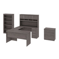 Bestar Innova 83W U or L-Shaped Desk with Hutch, Lateral File Cabinet, and Bookcase in Bark Grey - 92855-000047