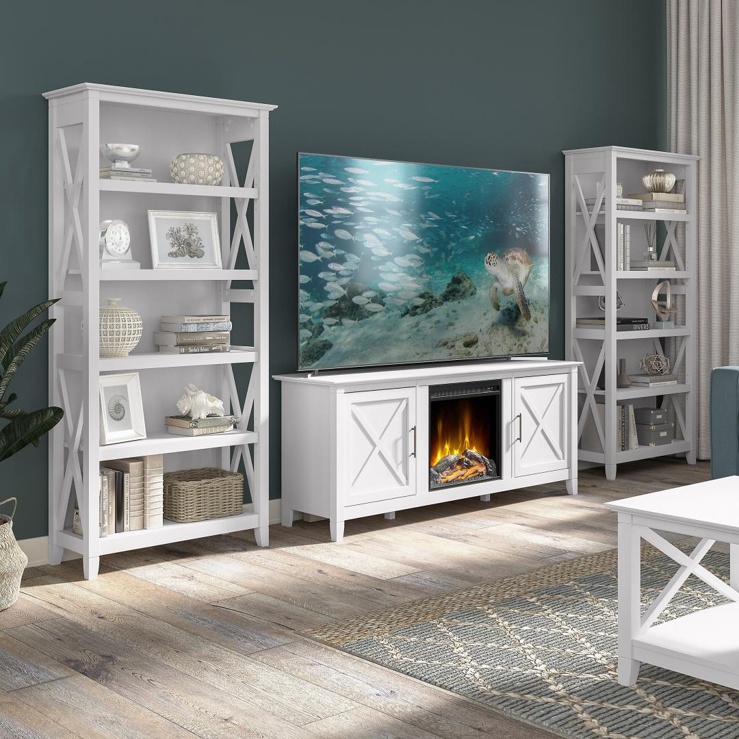 Bush Furniture Key West Electric Fireplace TV Stand for 70 Inch TV with 5  Shelf Bookcases in Pure White Oak On Sale Free Shipping!