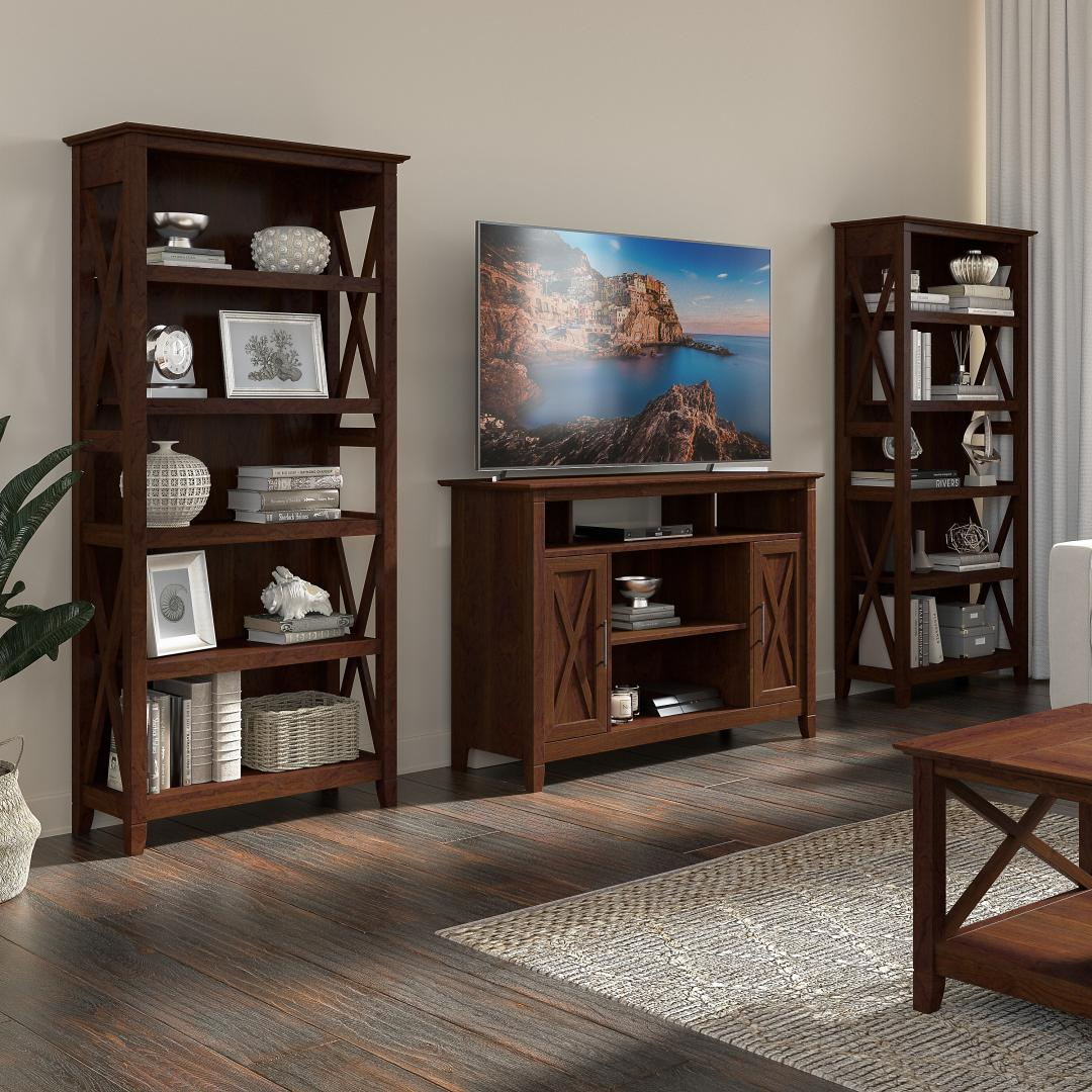 Bush Furniture Key West Tall TV Stand for 55 Inch TV with 5 Shelf Bookcases  in Bing Cherry On sale Free Shipping!