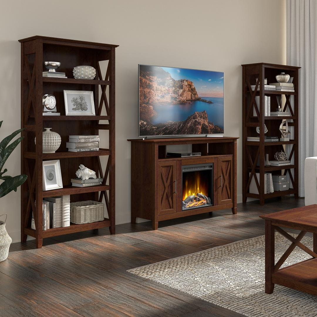 Bush Furniture Key West Tall Electric Fireplace TV Stand for 55 Inch TV  with 5 Shelf Bookcases in Bing Cherry On Sale Free Shipping!