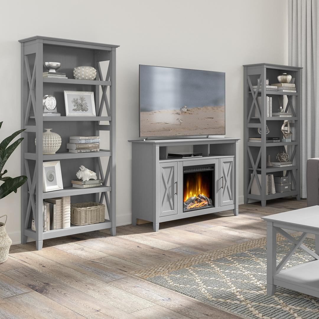 Bush Furniture Key West Tall Electric Fireplace TV Stand for 55 Inch TV  with 5 Shelf Bookcases in Cape Cod Gray On Sale Free Shipping!