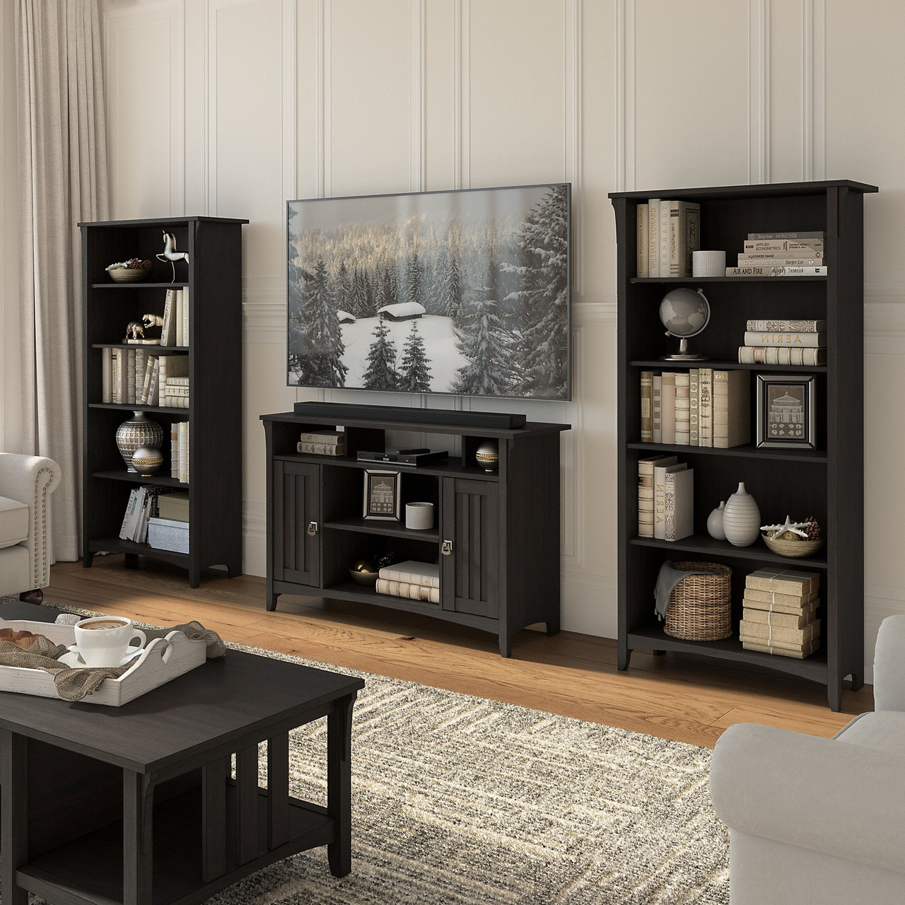 Bush Furniture Salinas TV Stand for 55 Inch TV with 5 Shelf Bookcases