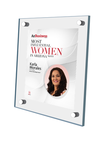 AZ Business magazine 2022 Most Influential Women Acrylic Stand-off Wall Plaque Style E with photo
Size is 11" x 16.5"

The photo that will be on the plaque will be the same photo that appears in the July/August 2022 issue of magazine.  If you would like a different photo, please indicate that in the "order instructions/comments (optional)" box at checkout.  Please email a high resolution PDF of the photo you would on the plaque to Sara.Fregapane@azbigmedia.com or contact Sara at (602) 277-6045.  If you prefer no photo, please contact Sara.Fregapane@azbigmedia.com or (602) 277-6045.
