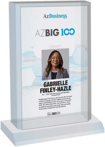 2023  AZ Big 100 Acrylic Desktop Style F with photo
The photo on the plaque will be the one that appears in the magazine.  
(Photo here is an example - the photo and information will  be specific to you)