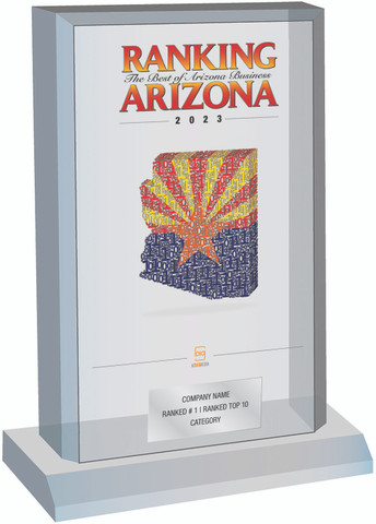 Ranking Arizona 2023 Plaque Style F (Size 6" X 9).  Chose one of two styles:  With the cover of Ranking AZ and a plate or cover of Ranking AZ without a plate.  Both plaques will read Company Name, either Ranked #1 or Ranked Top Ten, and Category.  If you would like customized wording, please state wording in general instructions/comment box. (three lines of wording maximum) 

Don't forget to order your Digital Emblem with your plaque.  Digital Emblems are normally $85,  but when ordered with a plaque the cost is only $68.   Digital Emblems are personalized with your company name, Ranked #1 OR Ranked Top Ten, and your category name.  Digital Emblems are a great addition for your website, Facebook page, or email signature line.  (See examples to your left)