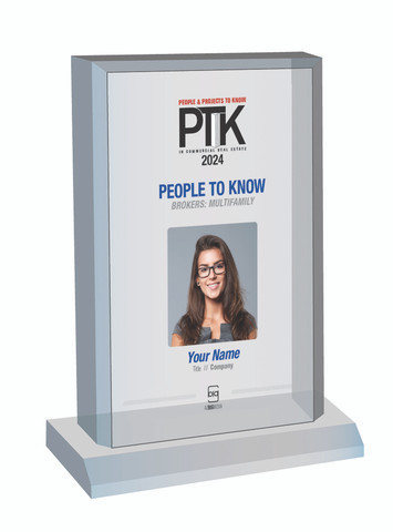 Style F People to Know 2024 (PTK) plaque - Acrylic Desktop Marquee Plaque. The image on this plaque is the same image as in the magazine. If you prefer no image, please indicate same in the Comment Box at sale completion.