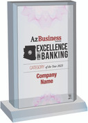 Excellence in Banking 2023 Acrylic Desktop plaque.  
Plaque will have bank name or person's name whichever is in the magazine.  If you would like something else on the plaque, please state that in the comment box at check-out.  You may also email Sara.Fregapane@azbigmedia.com or call (602)424-8838.