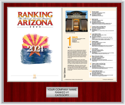 2024 Ranking AZ Style A Mahogany with Silver Trim plaque.  Plate includes: Company Name, Ranked #1 and Category.  If customization is preferred on the plate, please include three lines of text in the general instructions/comment box or contact Sara Fregapane at (602) 277-6045.   (plate color matches trim color)