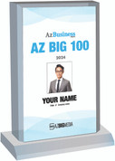 2024 AzBusiness  AZ Big 100 Acrylic Desktop Style F with photo
The photo on the plaque will be the one that appears in the magazine.  
(Photo here is an example - the photo and information will  be specific to you)