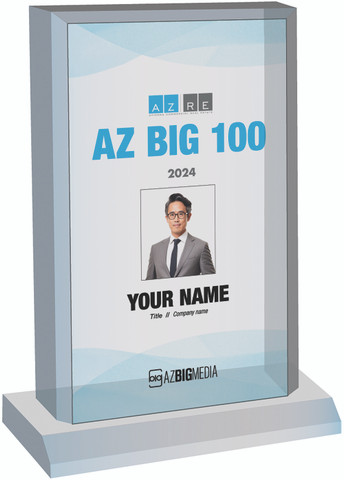 2024 AZRE  AZ Big 100 Acrylic Desktop Style F with photo
The photo on the plaque will be the one that appears in the magazine.  
(Photo here is an example - the photo and information will  be specific to you)
