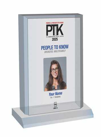 Style F People to Know 2025 (PTK) plaque - Acrylic Desktop Marquee Plaque. The image on this plaque is the same image as in the magazine. If you prefer no image, please indicate same in the Comment Box at sale completion.