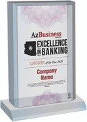 Excellence in Banking 2024 Acrylic Desktop plaque.  
Plaque will have bank name or person's name whichever is in the magazine.  If you would like something else on the plaque, please state that in the comment box at check-out.  You may also email Sara.Fregapane@azbigmedia.com or call (602)424-8838.