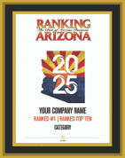 Black with Gold Trim Style D Plaque.  Cover of Ranking magazine.  Plaque includes: Company Name, Specific # Ranked, Category name  OR  Company Name, Ranked Top Ten, Category name.  If customization is preferred on the plate, please include three lines of text in the general instructions/ comment box or contact Sara Fregapane at (602) 277-6045.
