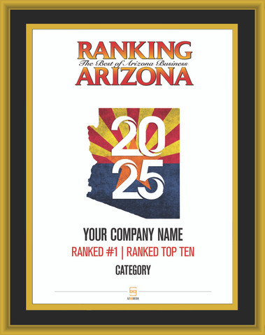 Black with Gold Trim Style D Plaque.  Cover of Ranking magazine.  Plaque includes: Company Name, Specific # Ranked, Category name  OR  Company Name, Ranked Top Ten, Category name.  If customization is preferred on the plate, please include three lines of text in the general instructions/ comment box or contact Sara Fregapane at (602) 277-6045.