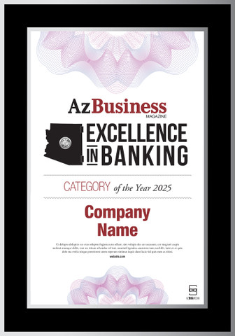 Excellence in Banking 2025 Black wood with silver trim plaque.  Plaque will have bank name or person's name whichever is in the magazine.  If you would like something else on the plaque, please state that in the comment box at check-out.  You may also email Sara.Fregapane@azbigmedia.com or call (602)424-8838.