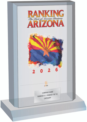 Ranking Arizona 2026 Plaque Style F (Size 6" X 9).  With the cover of Ranking AZ and a plate. Plaques will read Company Name, either Ranked #1 or Ranked Top Ten, and Category.  If you would like customized wording, please state wording in general instructions/comment box. (three lines of wording maximum) 