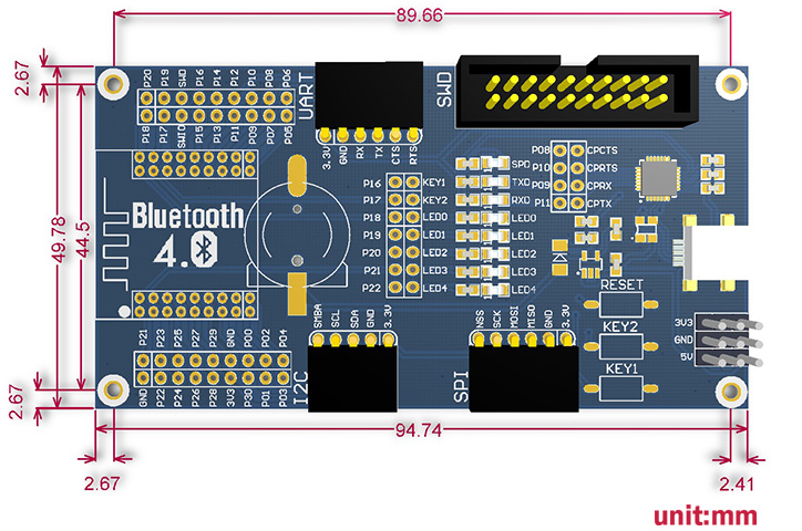 Bluetooth 4.0 NRF51822 Eval Kit - Base Board Dimensions