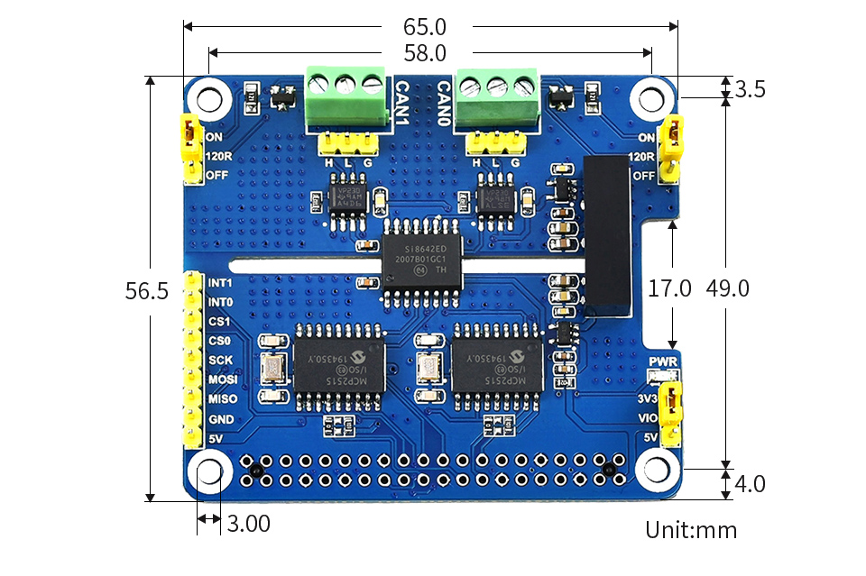 Dual Isolated CAN Bus HAT for Raspberry Pi - Dimensions