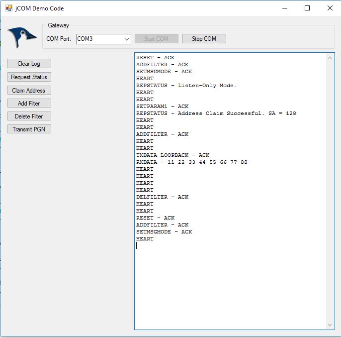 jCOM C# Demo Code Window Screen Shot