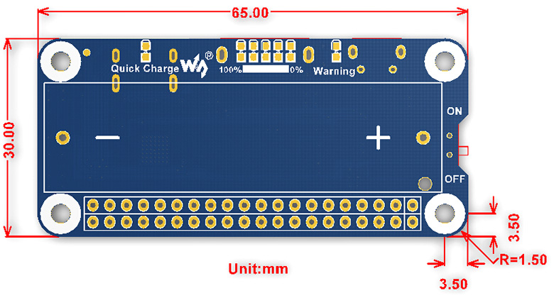 Li-Ion Battery HAT for Raspberry Pi - Dimensions