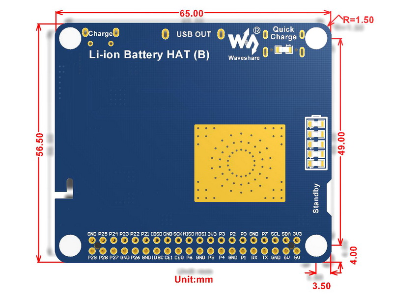 Li-polymer Battery HAT for Raspberry Pi - Dimensions