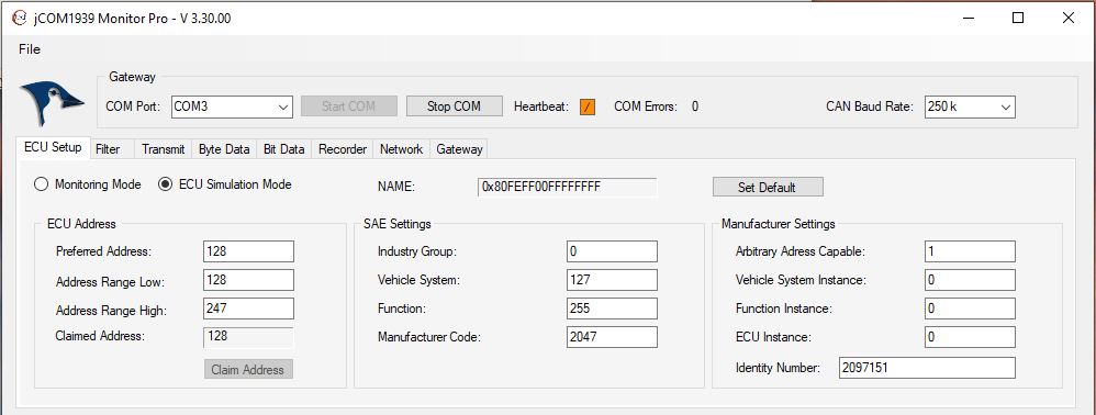 SAE J1939 Simulator Setup - Node Address