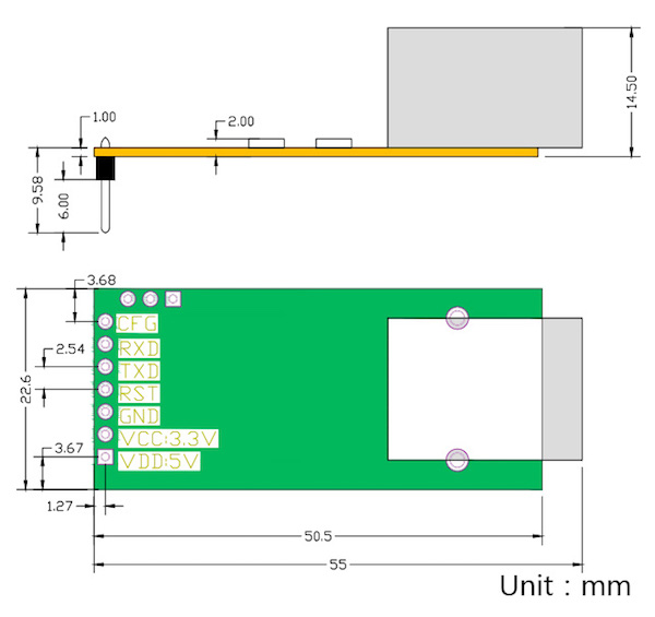 UART TTL to Ethernet Converter - Dimensions