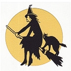 Witch on Broom with Cat - moon in background