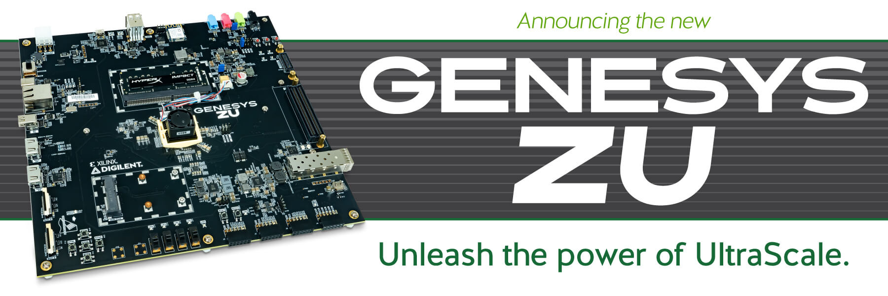 Banner announcing the new Genesys ZU UltraScale board, available now!