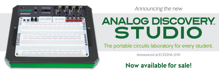 Banner image advertising our newest product: The Analog Discovery Studio, now available for sale!
