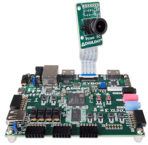 Product image of the Embedded Vision Bundle that includes the Zybo Z7-20 Zynq-7000 ARM/FPGA SoC Development Board and the Pcam 5C 5 MP Fixed Focus Color Camera Module. Product image of the Embedded Vision Bundle that includes the Zybo Z7-20 Zynq-7000 ARM/FPGA SoC Development Board and the Pcam 5C 5 MP Fixed Focus Color Camera Module.