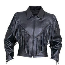 Womens Ladies Motorcycle Leather Jacket with Fringe, Braid, Side Lace