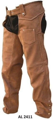 NEW PREMIUM BUFFALO LEATHER CAFE BROWN BIKER MOTORCYCLE CHAPS RETAIL $189