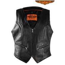 Women's Black Leather Vest With Gun Pockets