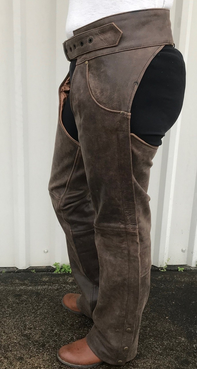 BROWN DISTRESSED LEATHER BIKER CHAPS XL 