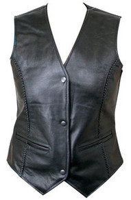 WOMENS BRAIDED 3 SNAP FRONT BLACK LEATHER MOTORCYCLE BIKER VEST