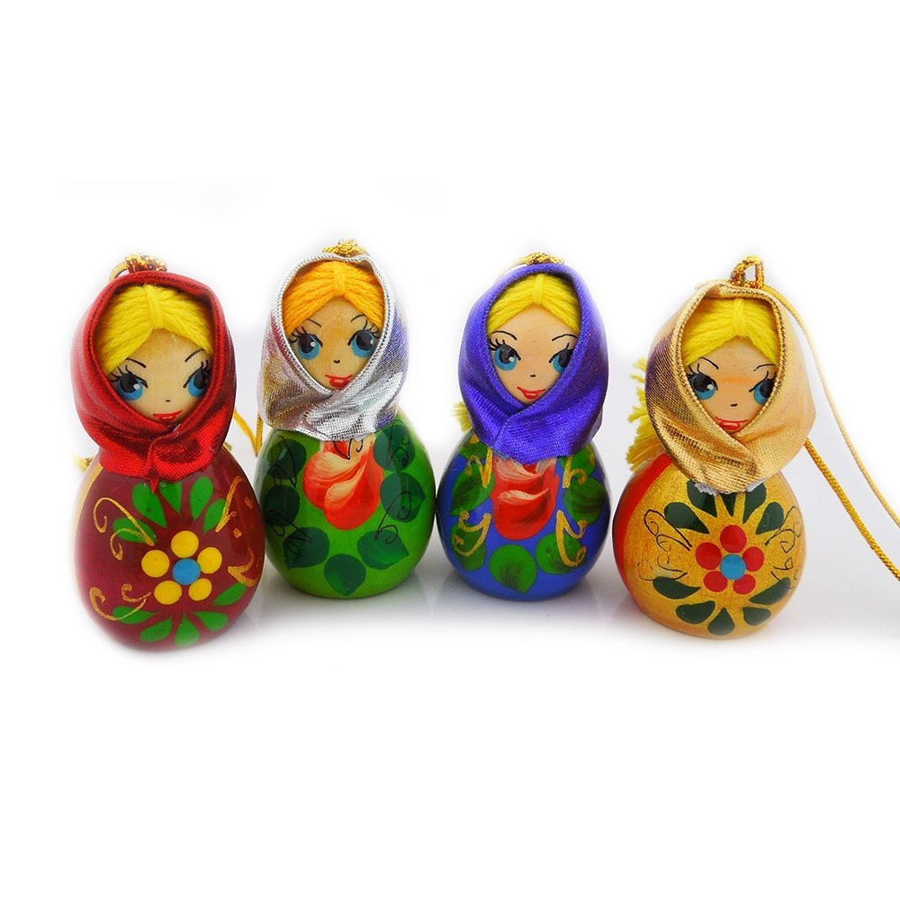 Hand Carved And Painted Russian Wood Christmas Ornament Girl