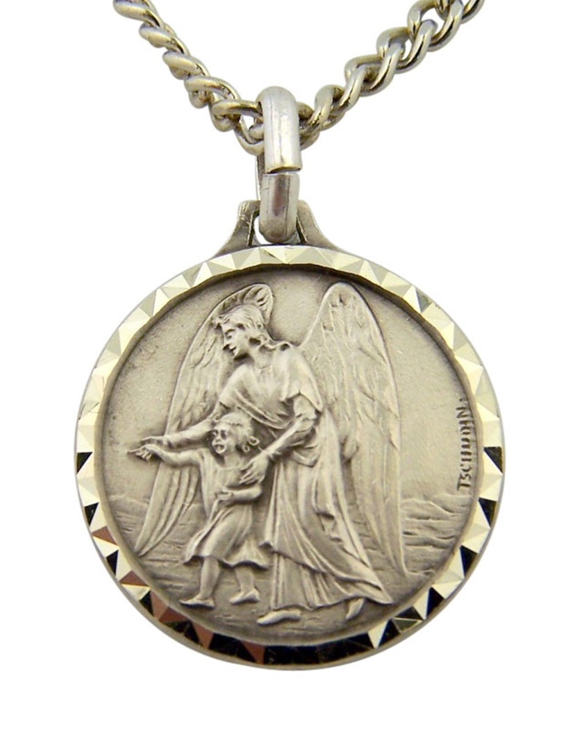 French Nickel Silver Catholic Guardian Angel Medal Pendant, 1 Inch