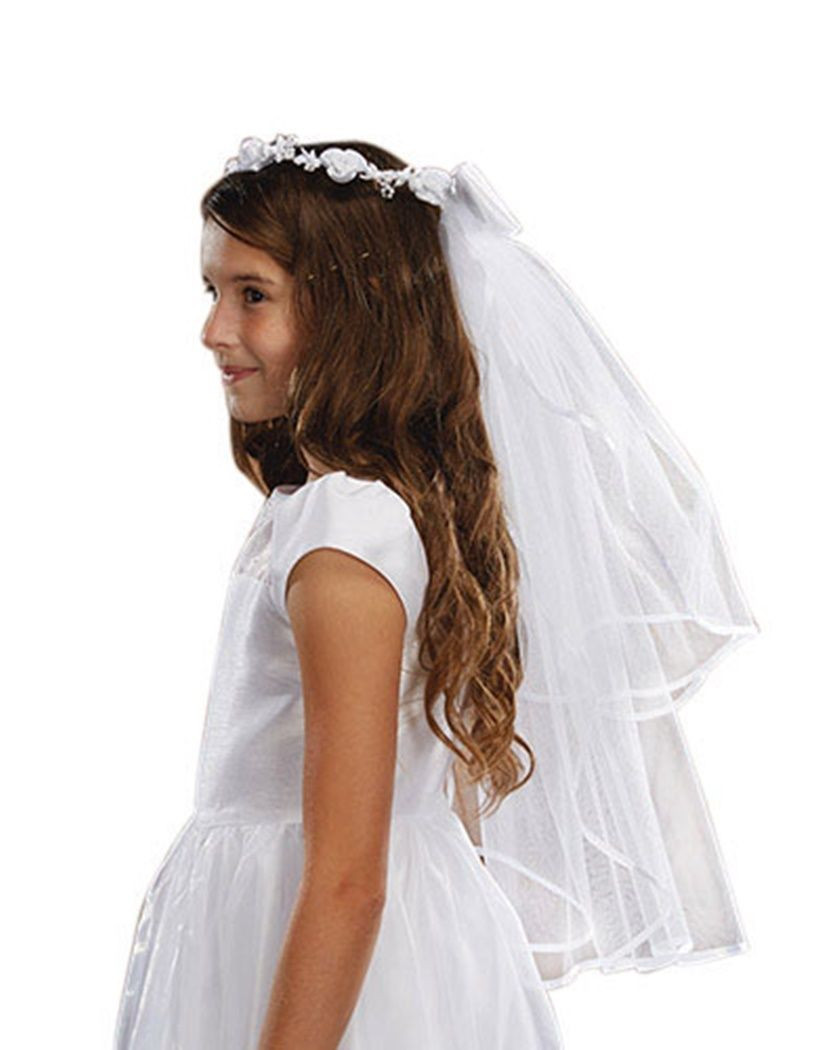 Girls White First Holy Communion Gloves with Rosebuds Medium