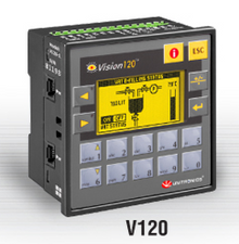 ** V120-22-T2C ** - 12/24VDC, 12 pnp/npn digital inputs, 2 analog inputs, 3 high-speed counter/shaft encoder inputs, 12 transistor outputs, I/O Expansion port, RS232/RS485 port plus CANbus