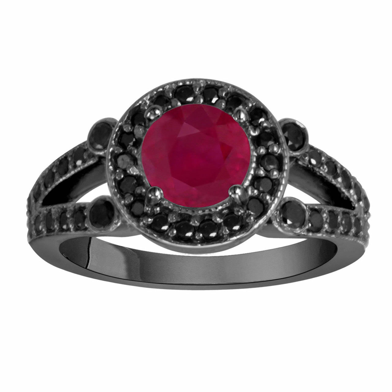 Ruby & Black Diamond Engagement Ring Vintage Style 14k Black Gold 1.80