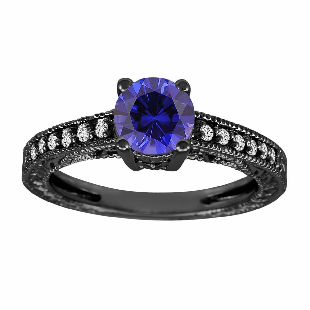Blue Sapphire & Diamonds Engagement Ring Vintage Style 14K ...