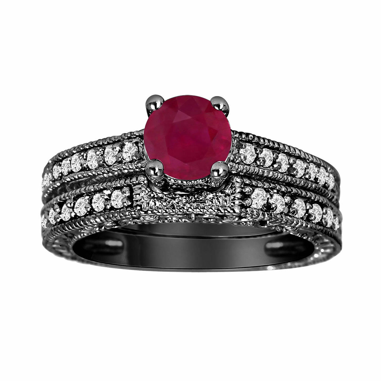 1.35 Carat Ruby & Diamond Engagement Ring Wedding Anniversary Band Sets
