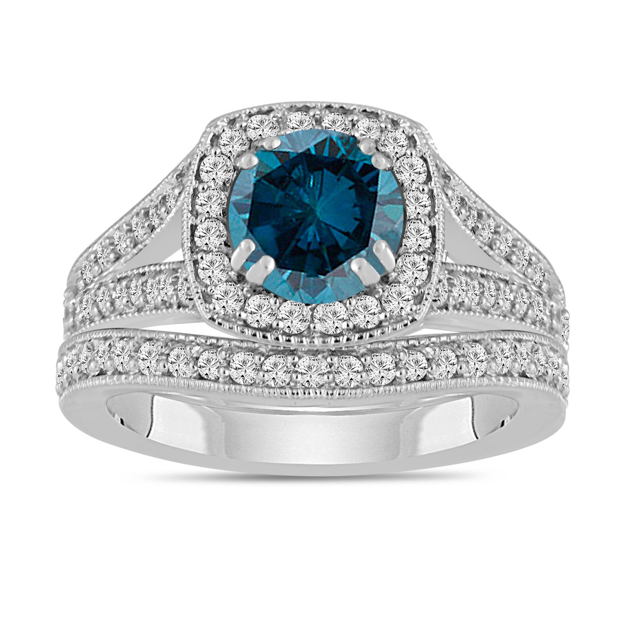 Platinum Blue Diamond Engagement Ring Wedding  Band Sets 