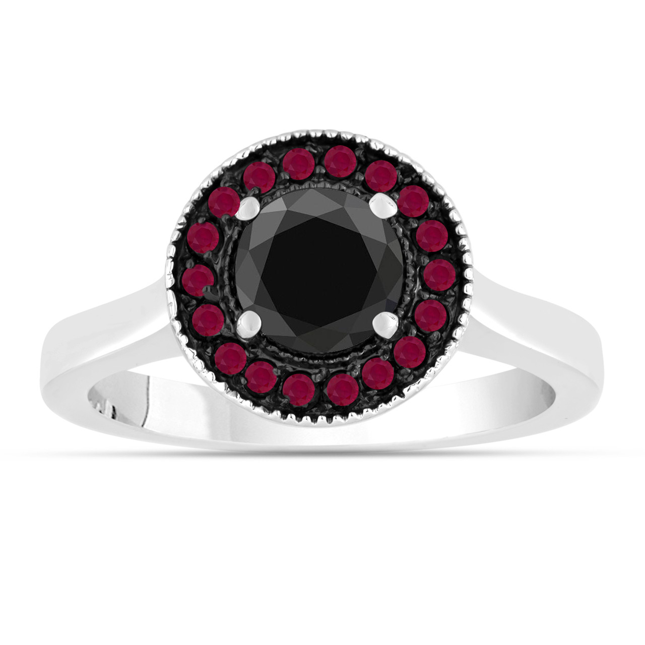 Black Diamond & Ruby Engagement Ring 14K White Gold 0.95 Carat