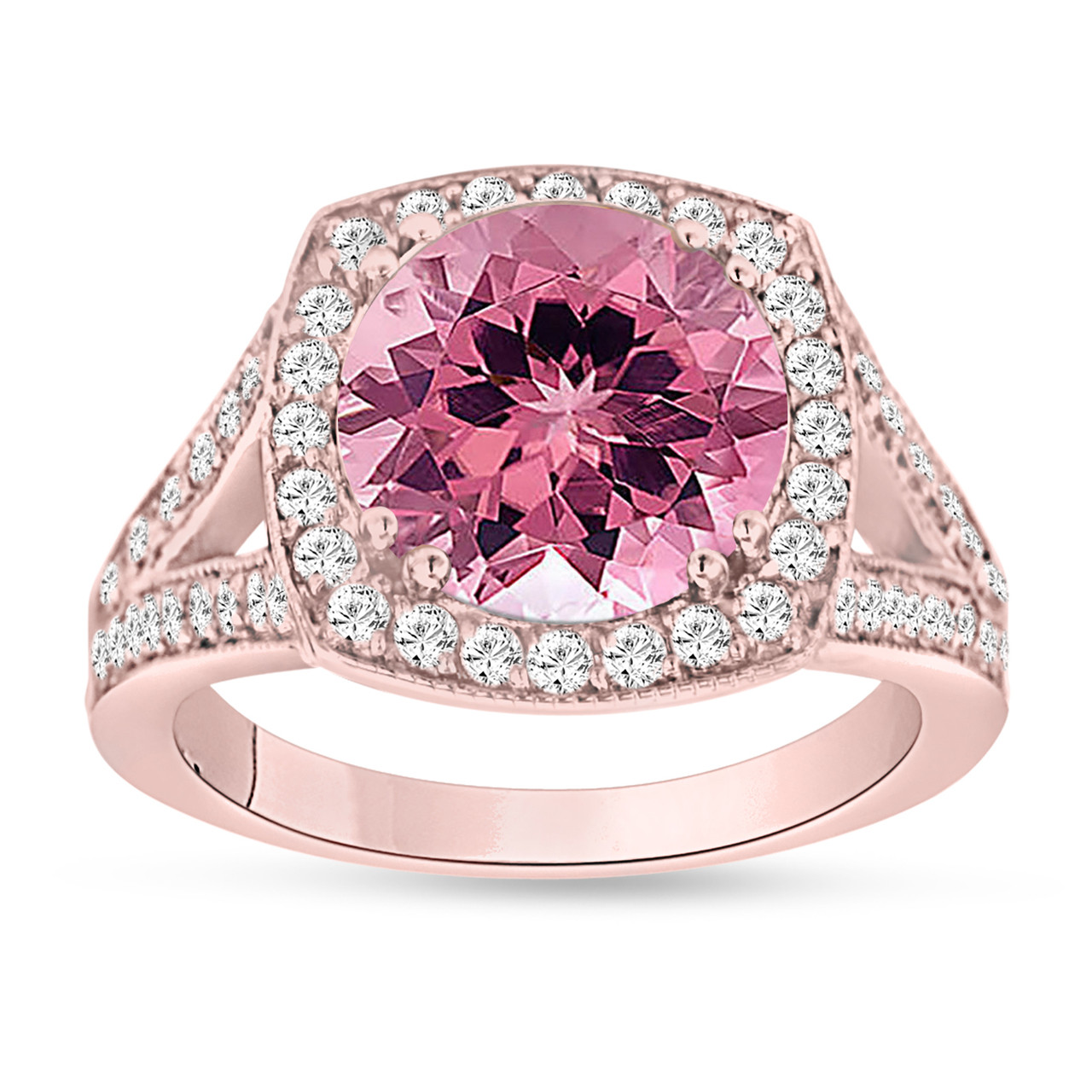 Pink Tourmaline Engagement Ring 14K Rose Gold 3.25 Carat Pave Halo Handmade Certified