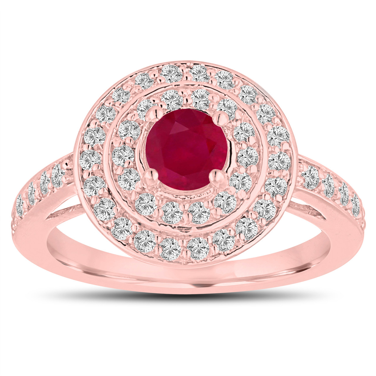Double Halo Ruby Engagement Ring 14K Rose Gold 1.09 Carat Pave Unique
