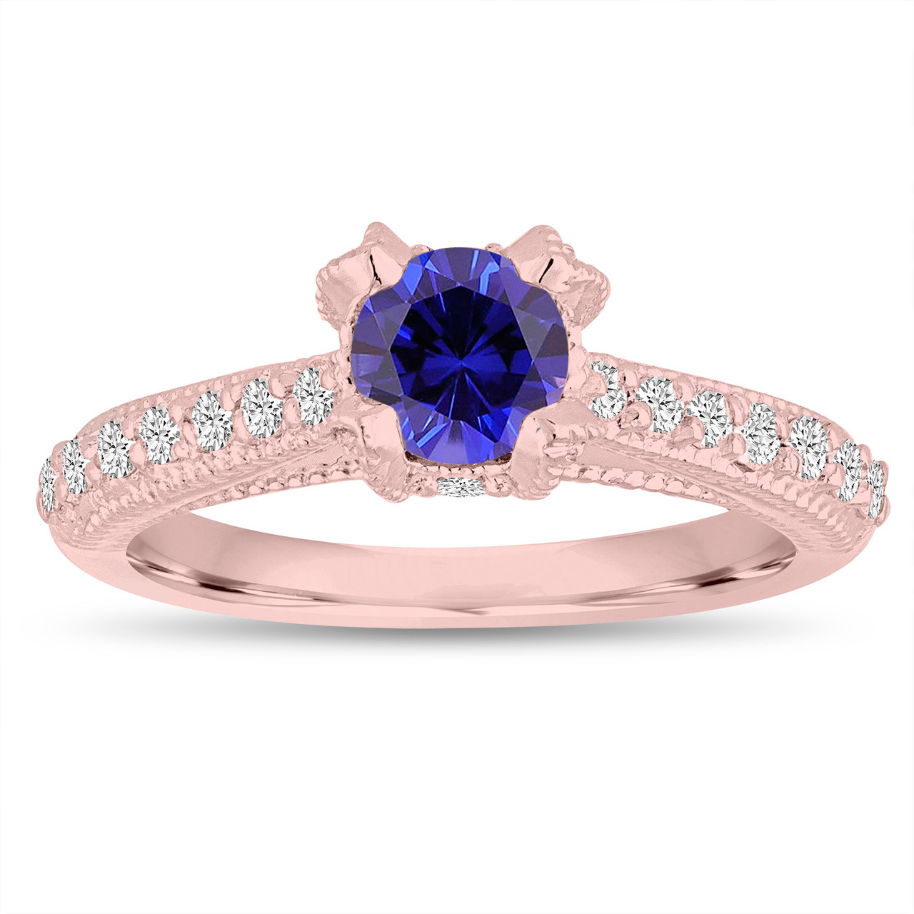 Blue Sapphire Engagement Ring 14K Rose Gold 0.82 Carat Unique Vintage ...